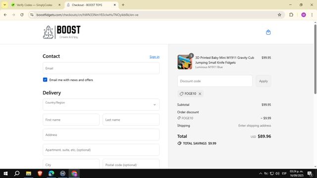 BOOST TOYS checkout page showing BOOST TOYS promo code box | Screenshot taken by SimplyCodes community member on Sep 16, 2025