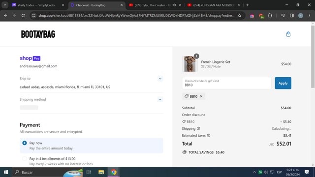 BootayBag checkout page showing BootayBag discount code box | Screenshot taken by SimplyCodes community member on Mar 26, 2024