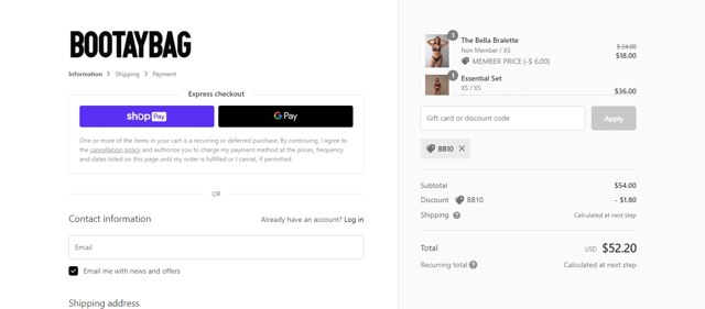 BootayBag checkout page showing BootayBag discount code box | Screenshot taken by SimplyCodes community member on Nov 12, 2022