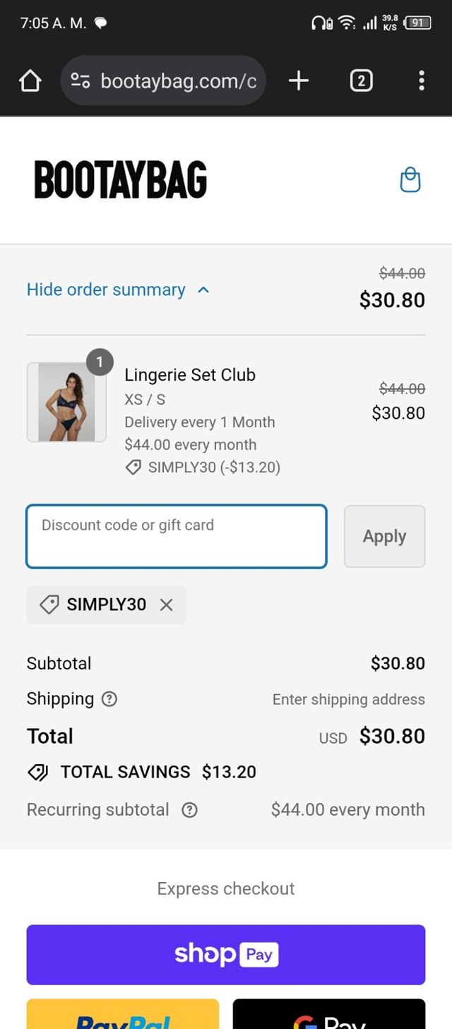 BootayBag checkout page showing BootayBag discount code box | Screenshot taken by SimplyCodes community member on Dec 18, 2023