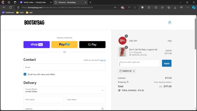 BootayBag checkout page showing BootayBag discount code box | Screenshot taken by SimplyCodes community member on Feb 14, 2024