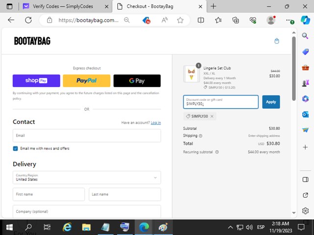 BootayBag checkout page showing BootayBag discount code box | Screenshot taken by SimplyCodes community member on Nov 19, 2023