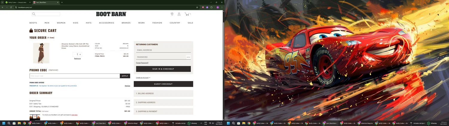 Boot Barn promo code screenshot showing code FREESHIP-25 applied at Boot Barn checkout page. Uploaded by SimplyCodes community member PennyWizard1195 on Jul 19, 2025