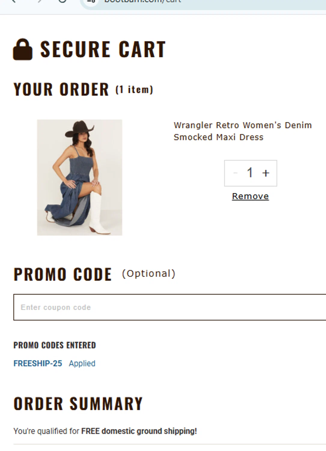 Boot Barn promo code screenshot showing code FREESHIP-25 applied at Boot Barn checkout page. Uploaded by SimplyCodes community member VictoriousSentinel2155 on Jul 25, 2025