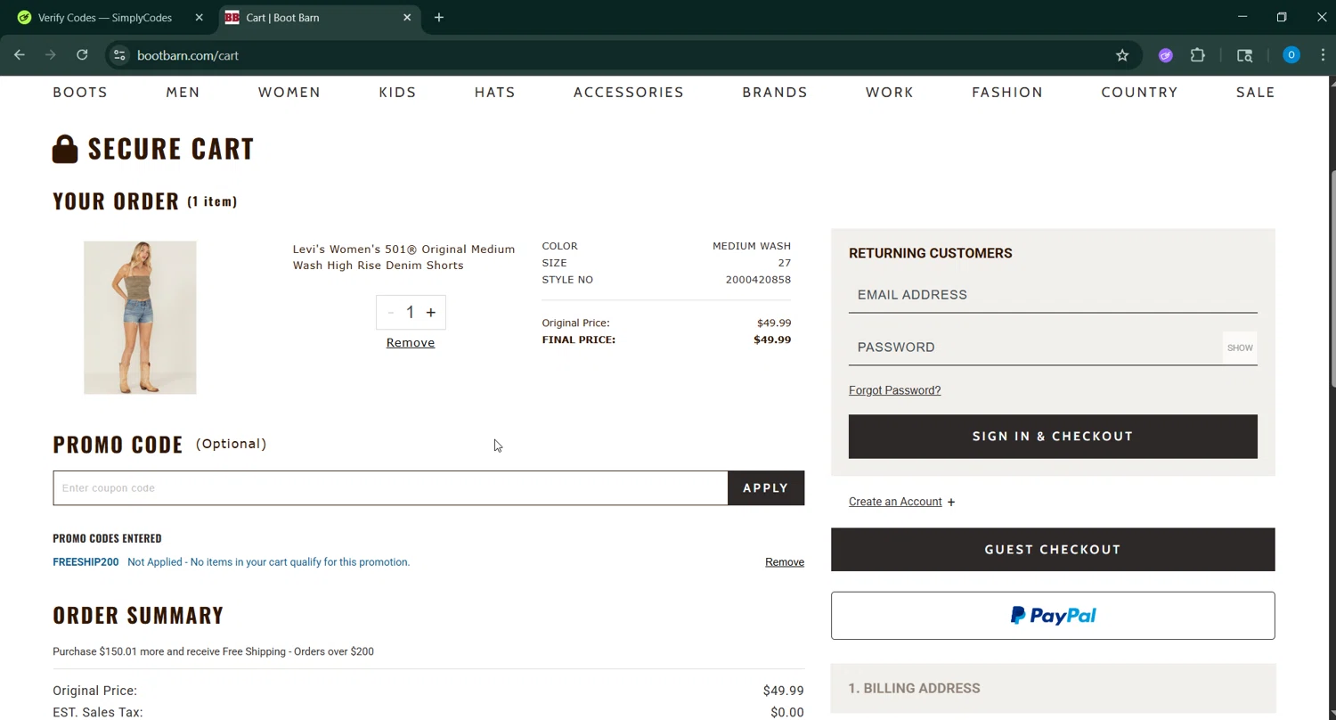 Boot Barn promo code screenshot showing code FREESHIP200 applied at Boot Barn checkout page. Uploaded by SimplyCodes community member RoyalSage9159 on Jul 18, 2025