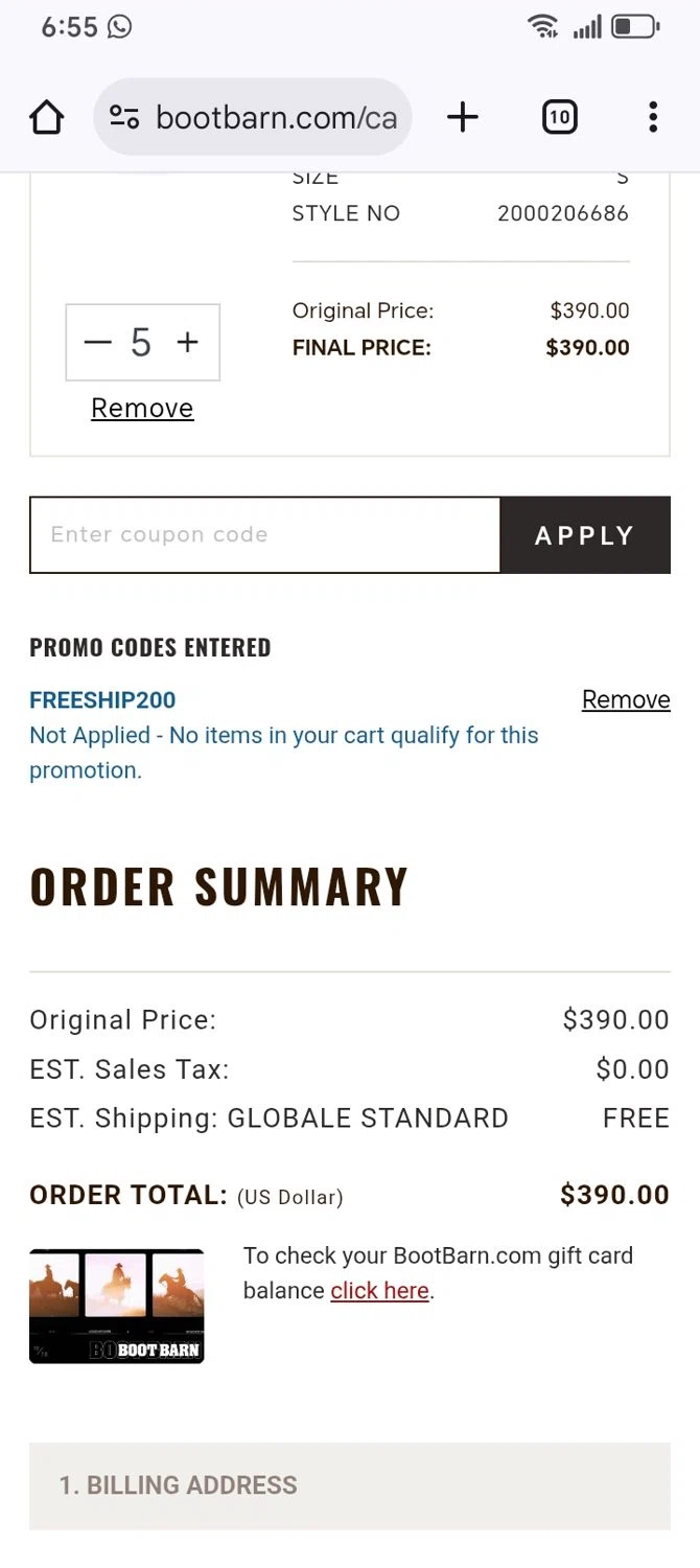 Boot Barn promo code screenshot showing code FREESHIP200 applied at Boot Barn checkout page. Uploaded by SimplyCodes community member franksanchez on Jul 14, 2025
