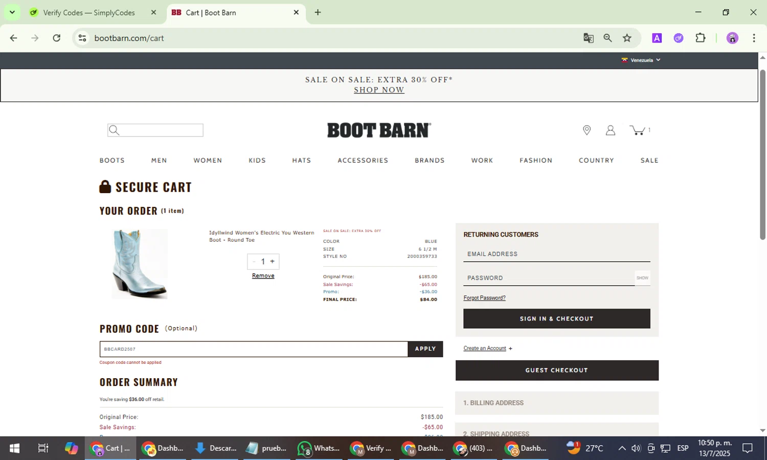 Boot Barn promo code screenshot showing code BBCARD2507 applied at Boot Barn checkout page. Uploaded by SimplyCodes community member PrimeWizard5860 on Jul 14, 2025