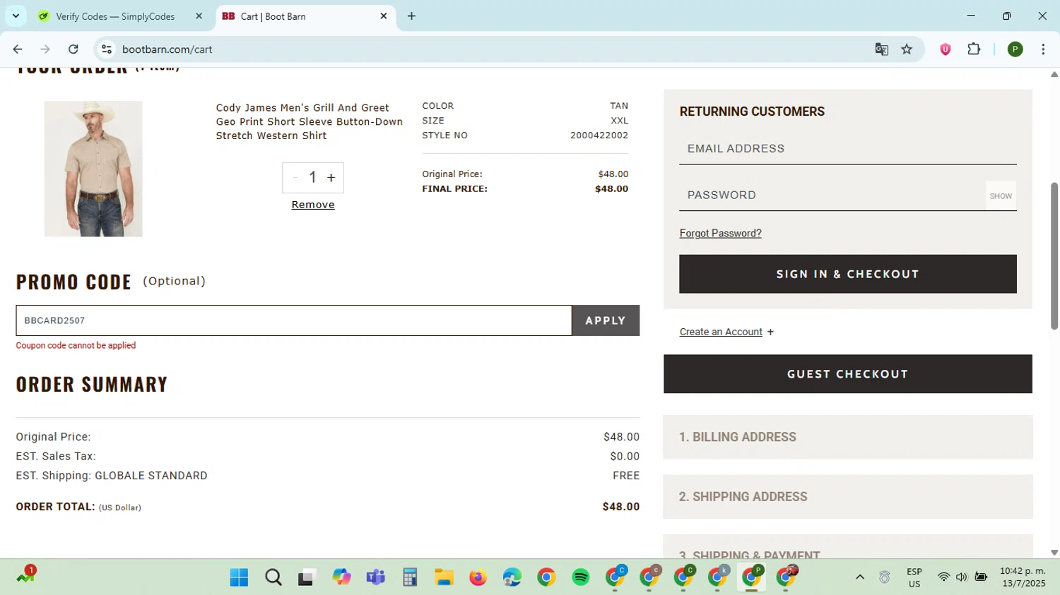Boot Barn promo code screenshot showing code BBCARD2507 applied at Boot Barn checkout page. Uploaded by SimplyCodes community member ThriftySpotter5396 on Jul 14, 2025
