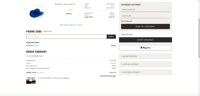 Boot Barn checkout page showing Boot Barn promo code box | Screenshot taken by SimplyCodes community member on Aug 8, 2025