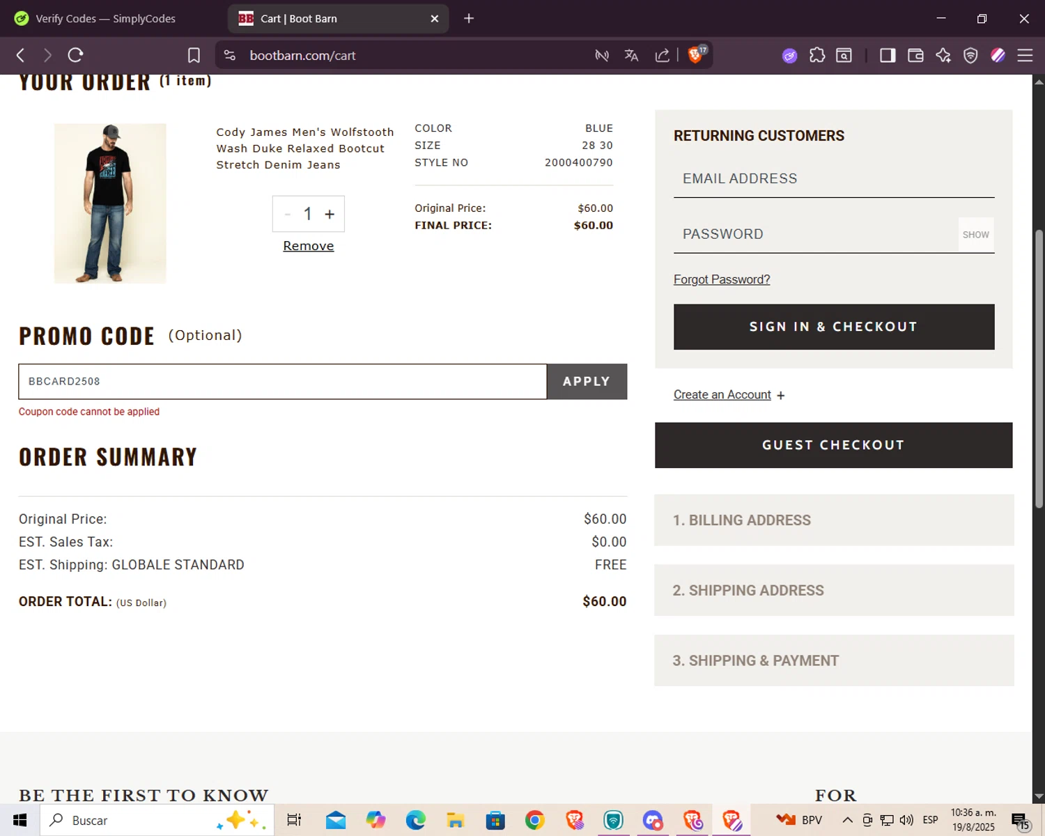 Boot Barn promo code screenshot showing code BBCARD2508 applied at Boot Barn checkout page. Uploaded by SimplyCodes community member Juan2715 on Aug 19, 2025
