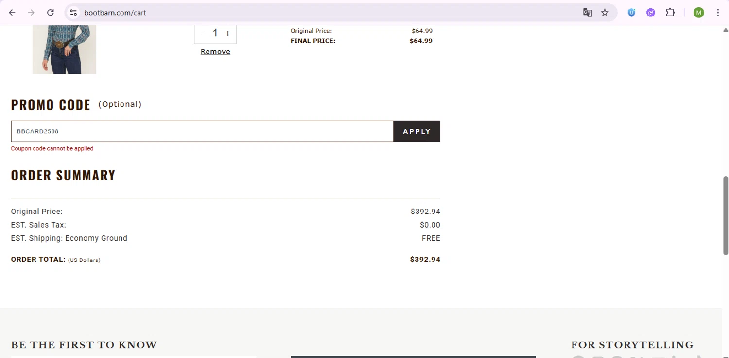 Boot Barn promo code screenshot showing code BBCARD2508 applied at Boot Barn checkout page. Uploaded by SimplyCodes community member SaleSentinel7319 on Aug 19, 2025