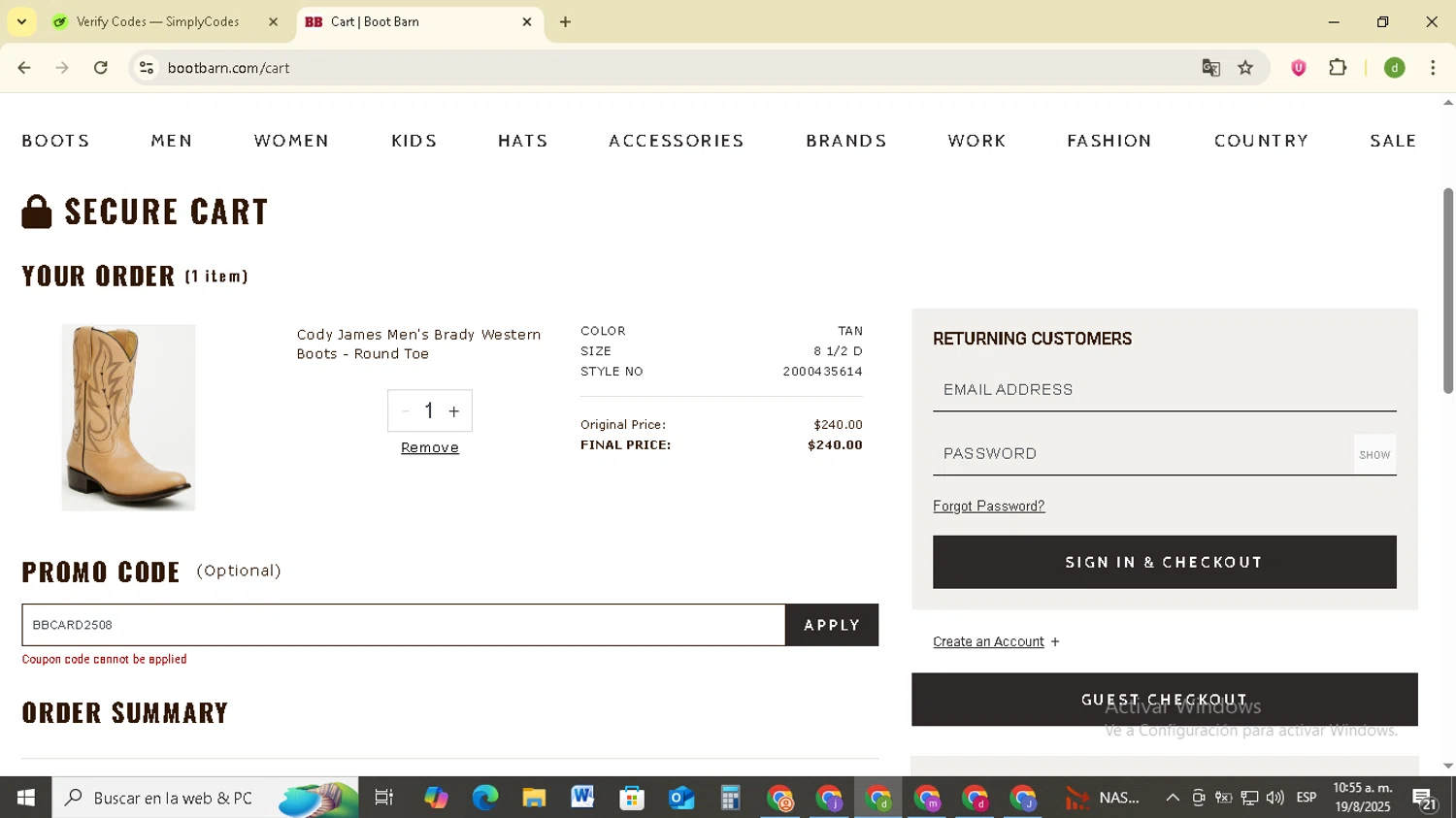 Boot Barn promo code screenshot showing code BBCARD2508 applied at Boot Barn checkout page. Uploaded by SimplyCodes community member SavingsSentinel833 on Aug 19, 2025
