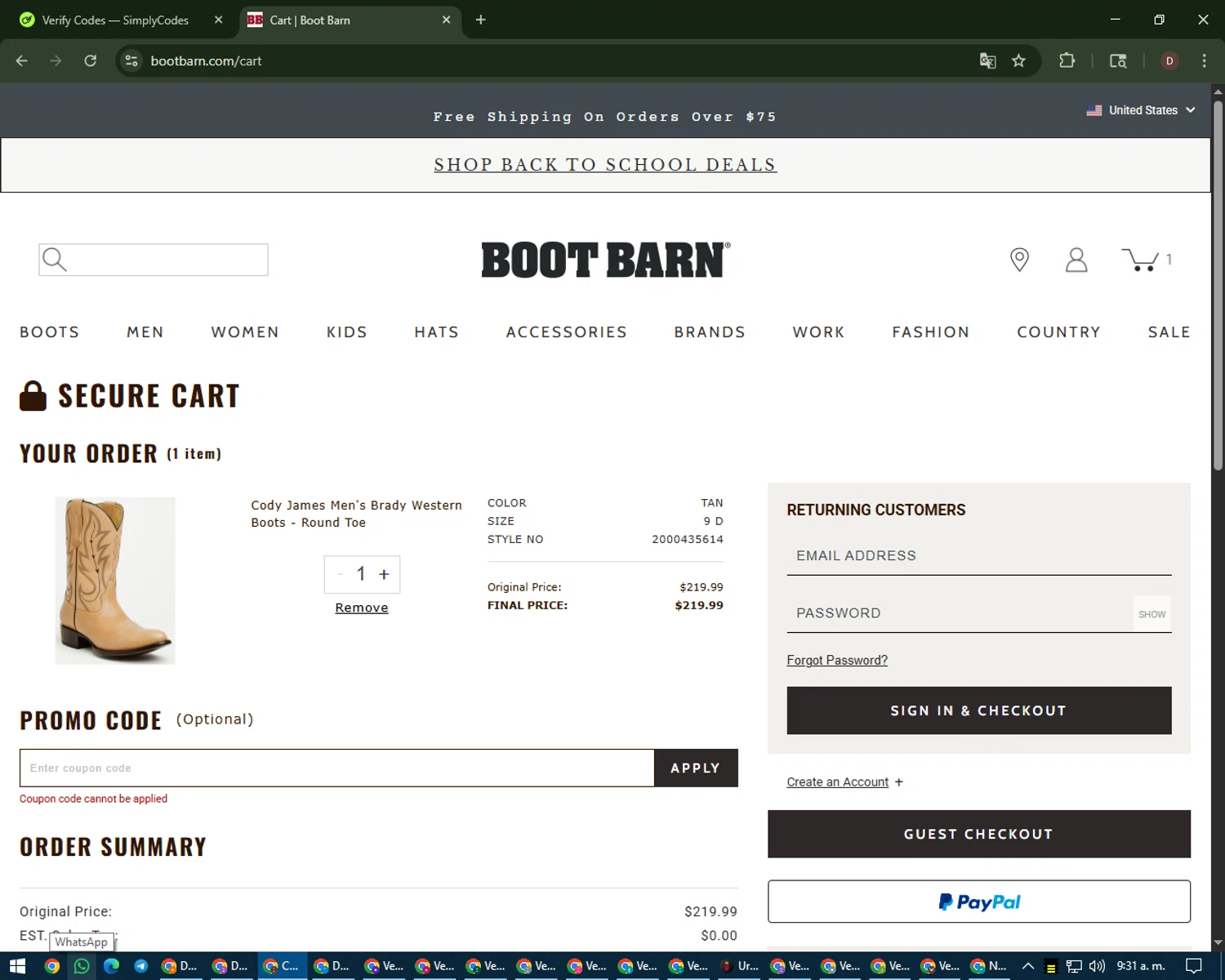 Boot Barn promo code screenshot showing code BBCARD2508 applied at Boot Barn checkout page. Uploaded by SimplyCodes community member liltecca on Aug 19, 2025