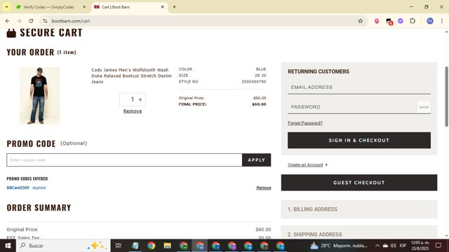 Boot Barn checkout page showing Boot Barn promo code box | Screenshot taken by SimplyCodes community member on Aug 23, 2025