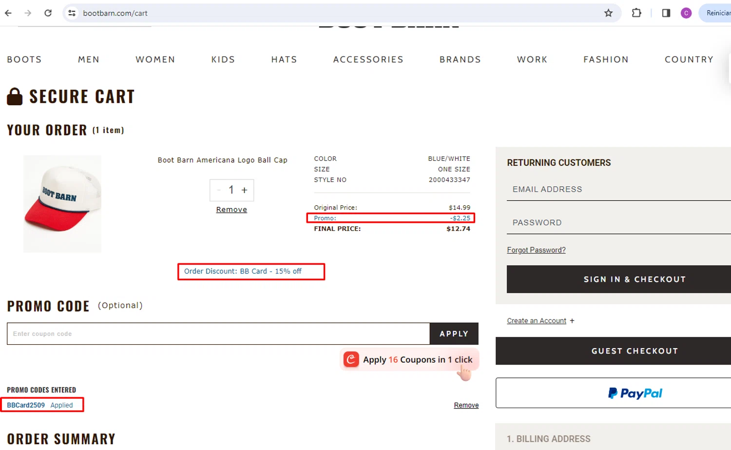 Boot Barn promo code screenshot showing code BBCARD2509 applied at Boot Barn checkout page. Uploaded by SimplyCodes community member nileskamarcano on Aug 15, 2025