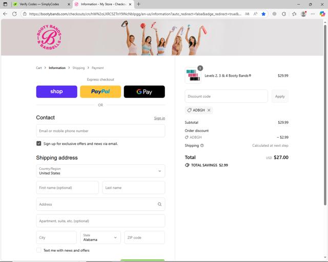 Booty Bands checkout page showing Booty Bands promo code box | Screenshot taken by SimplyCodes community member on Sep 10, 2025