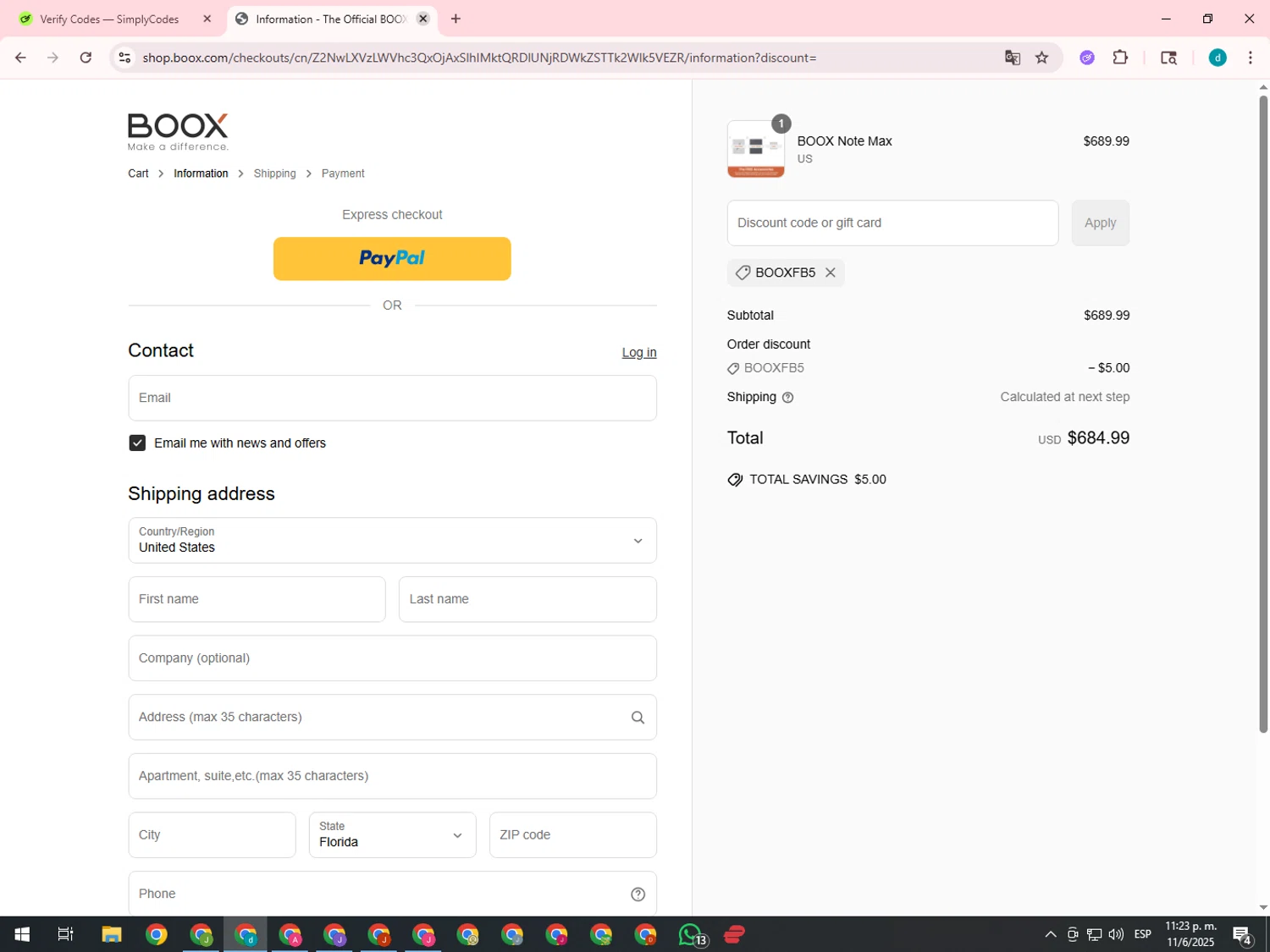 Boox Shop discount code screenshot showing code BOOXFB5 applied at Boox Shop checkout page. Uploaded by SimplyCodes community member GloriousTiger3507 on Jun 12, 2025