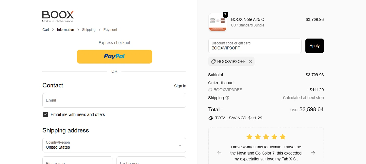 Boox Shop discount code screenshot showing code BOOXVIP3OFF applied at Boox Shop checkout page. Uploaded by SimplyCodes community member Myrulesmagazine23 on Nov 8, 2025