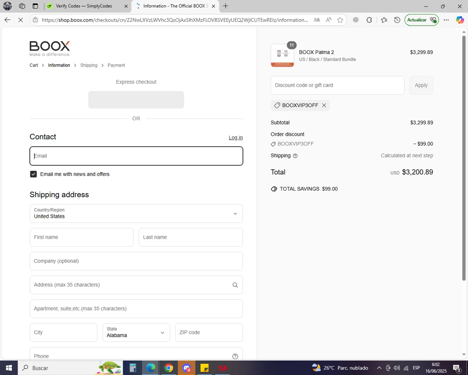 Boox Shop discount code screenshot showing code BOOXVIP3OFF applied at Boox Shop checkout page. Uploaded by SimplyCodes community member jechtff10 on Jun 16, 2025