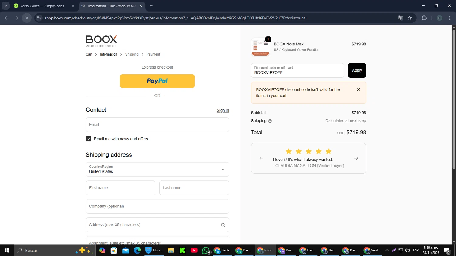 Boox Shop discount code screenshot showing code BOOXVIP7OFF applied at Boox Shop checkout page. Uploaded by SimplyCodes community member PromoScout8746 on Nov 24, 2025