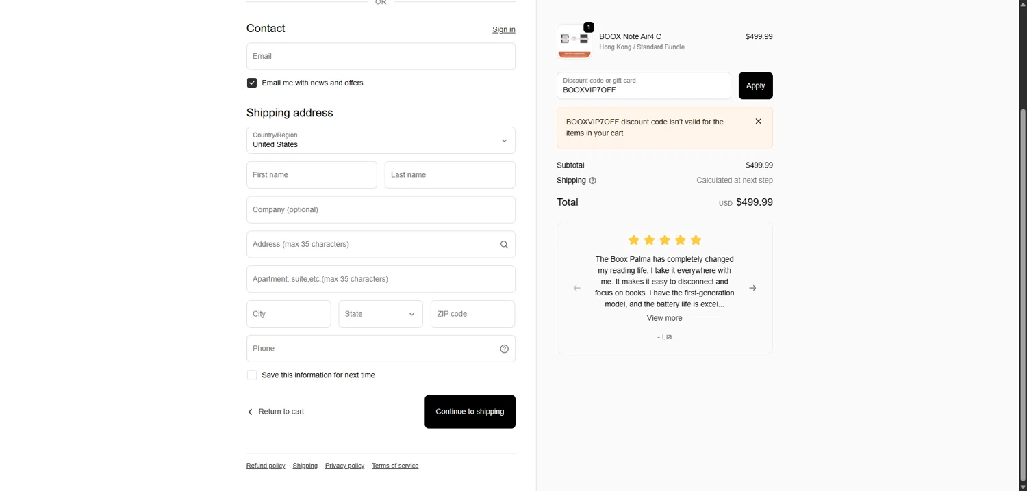 Boox Shop discount code screenshot showing code BOOXVIP7OFF applied at Boox Shop checkout page. Uploaded by SimplyCodes community member TreasureScholar8716 on Oct 6, 2025