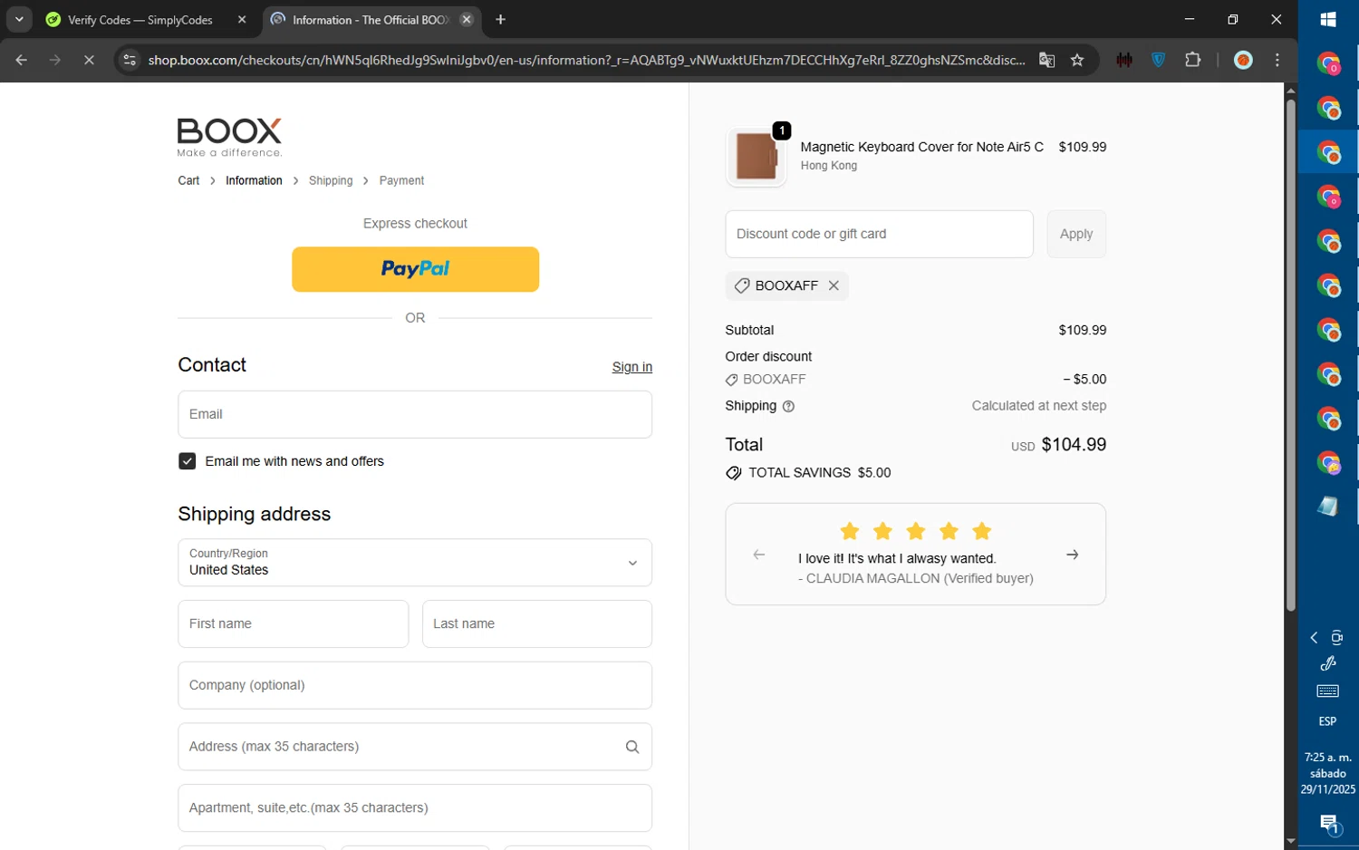 Boox Shop discount code screenshot showing code BOOXAFF applied at Boox Shop checkout page. Uploaded by SimplyCodes community member ValiantWarden8956 on Nov 29, 2025