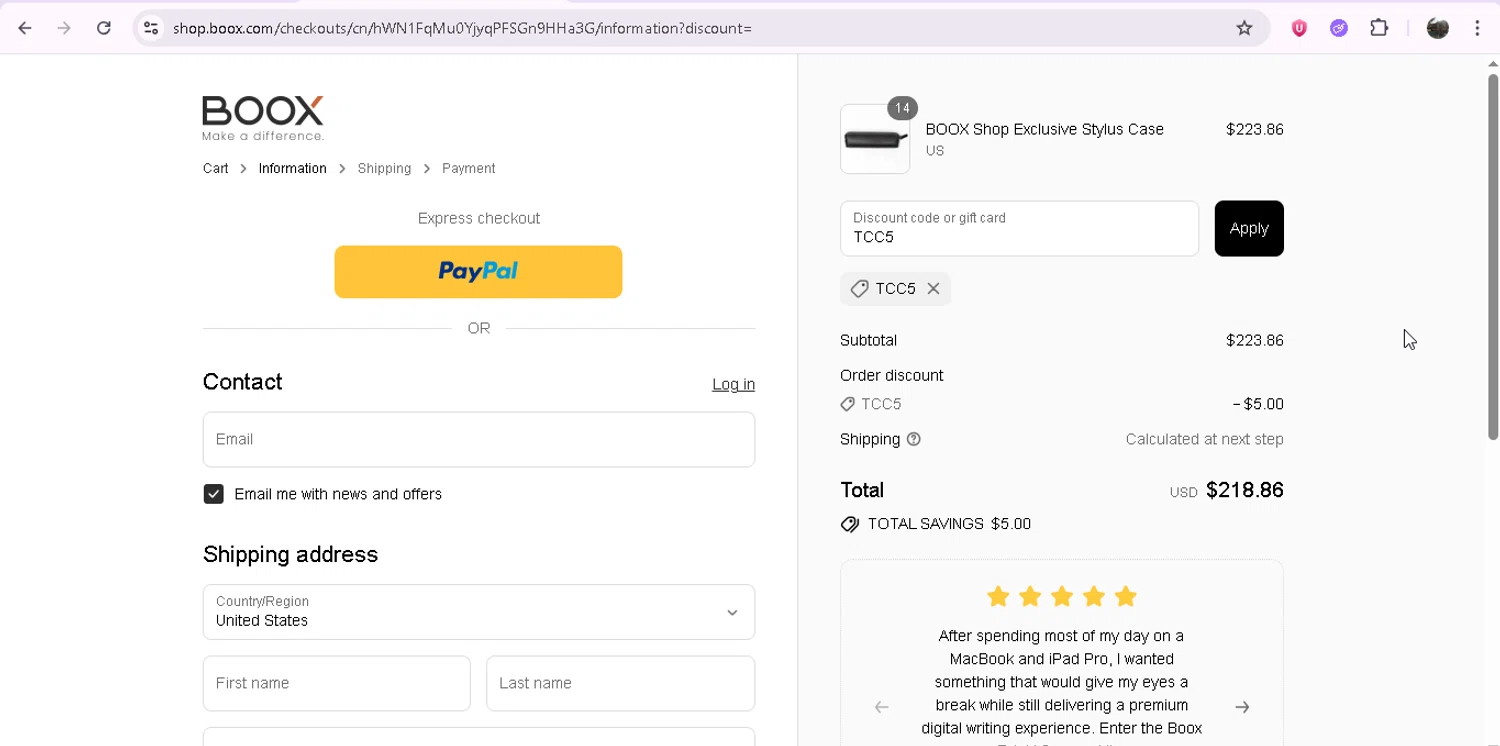 Boox Shop discount code screenshot showing code TCC5 applied at Boox Shop checkout page. Uploaded by SimplyCodes community member JASTIFY on Jul 31, 2025