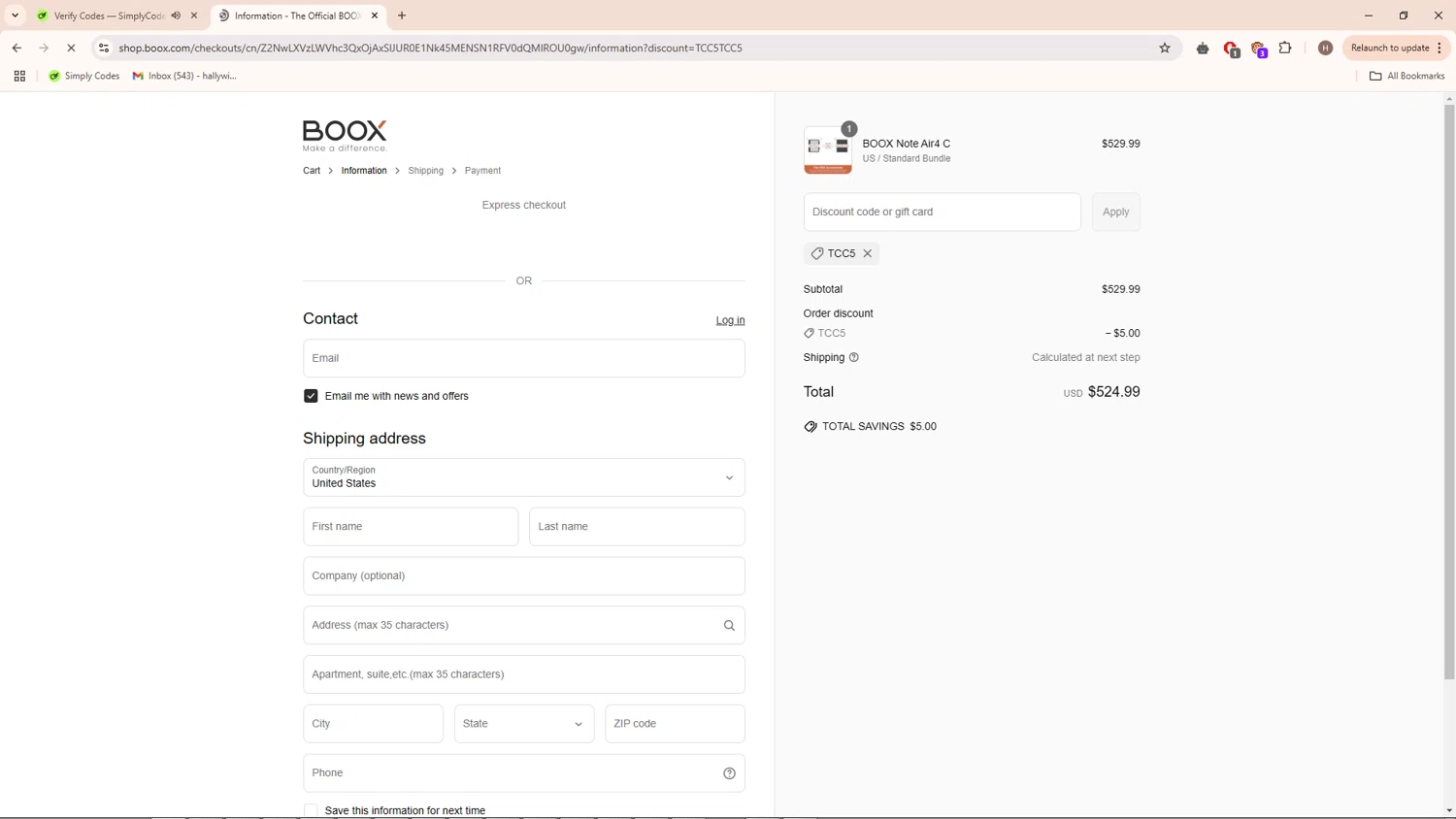 Boox Shop discount code screenshot showing code TCC5 applied at Boox Shop checkout page. Uploaded by SimplyCodes community member PrimeMaverick7854 on Apr 14, 2025