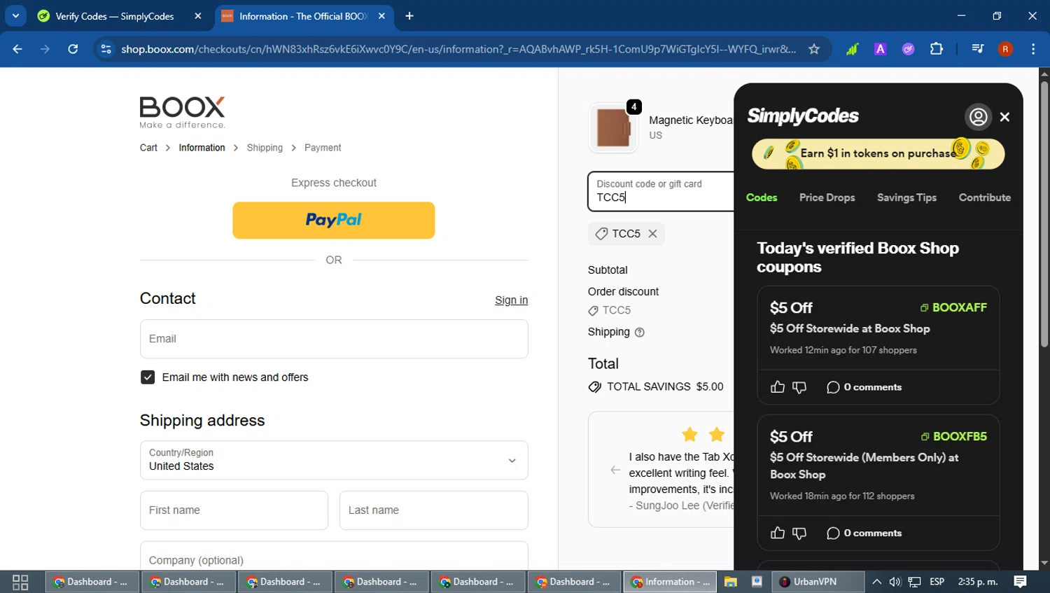 Boox Shop discount code screenshot showing code TCC5 applied at Boox Shop checkout page. Uploaded by SimplyCodes community member robertotorrealba on Jan 26, 2026
