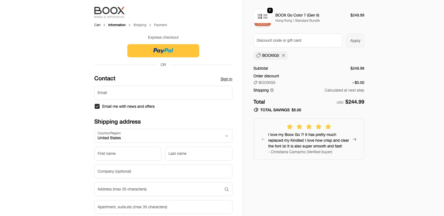 Boox Shop promo code screenshot showing code BOOXIG5 applied at Boox Shop checkout page. Uploaded by SimplyCodes community member ELOIN777 on Mar 12, 2026