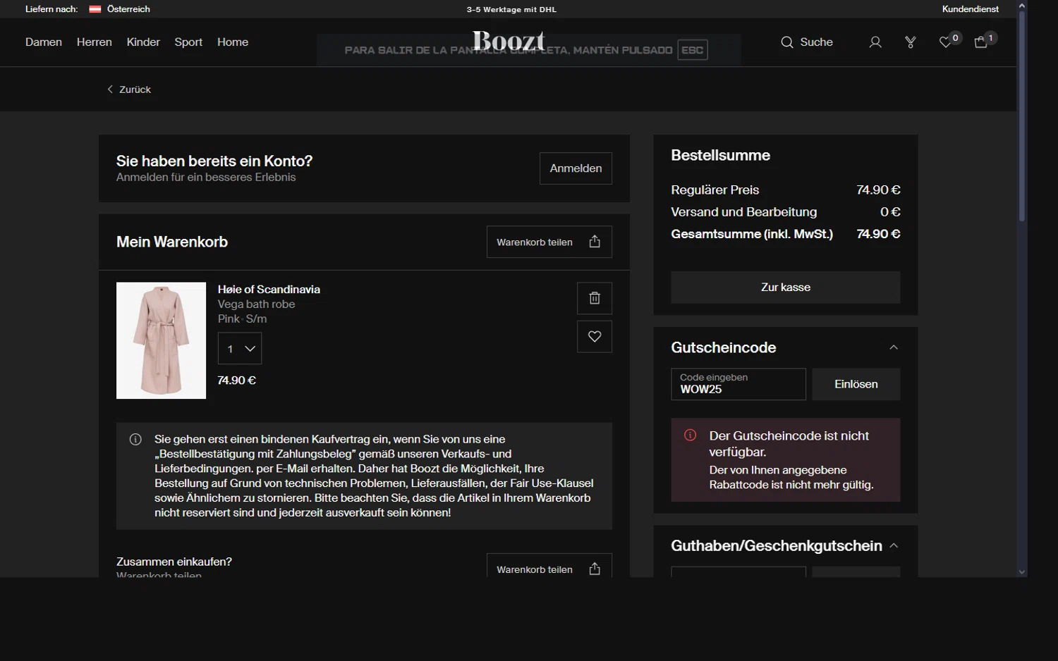 Boozt promo code screenshot showing code WOW25 applied at Boozt checkout page. Uploaded by SimplyCodes community member GiornoGiovanna on Mar 7, 2025