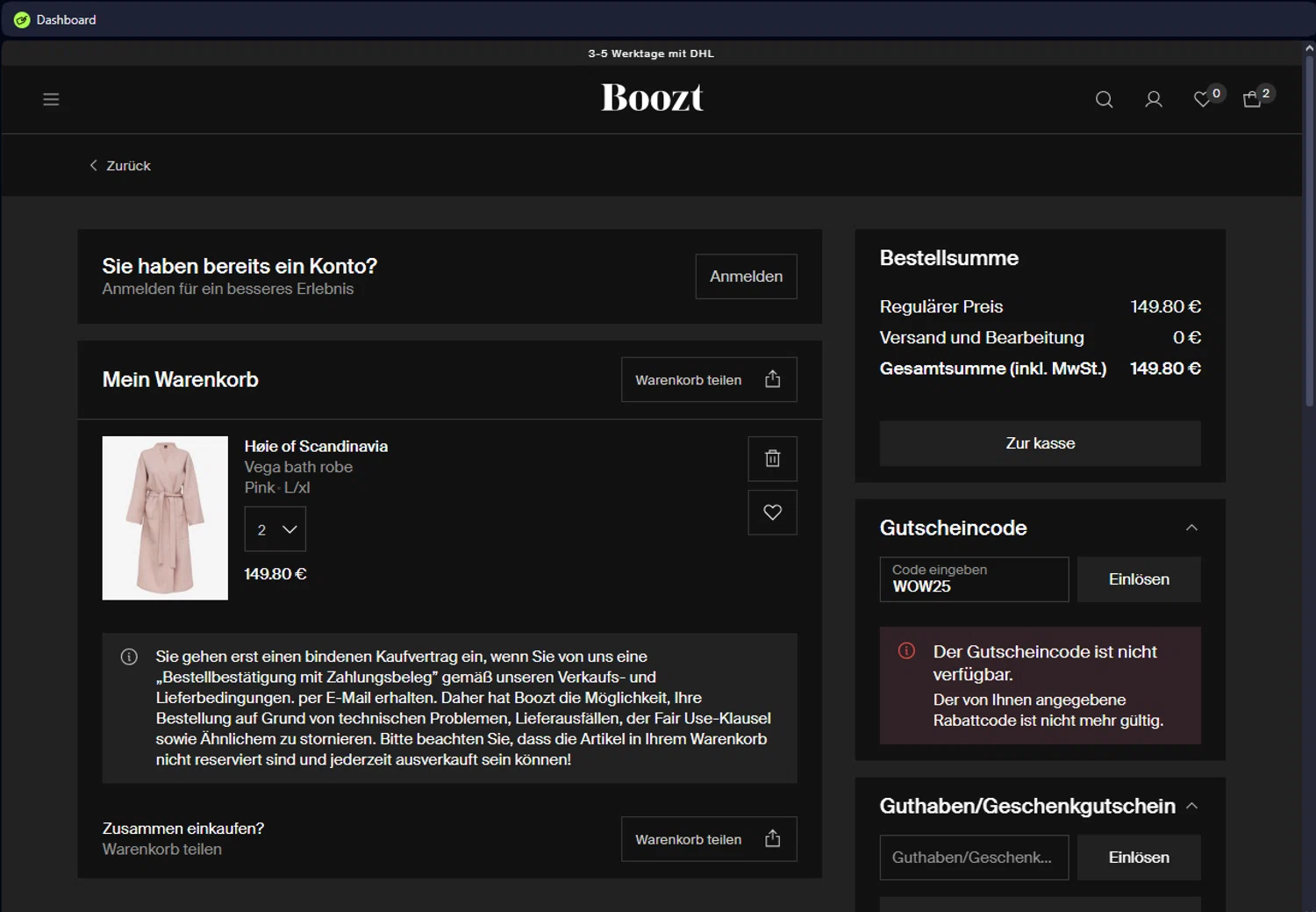 Boozt promo code screenshot showing code WOW25 applied at Boozt checkout page. Uploaded by SimplyCodes community member ScanEagle7415 on Mar 7, 2025