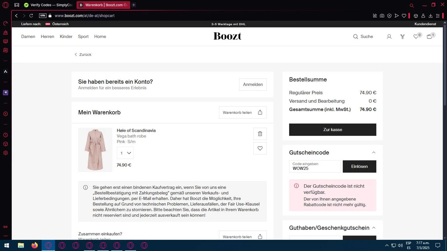 Boozt promo code screenshot showing code WOW25 applied at Boozt checkout page. Uploaded by SimplyCodes community member jorgeperez on Mar 7, 2025