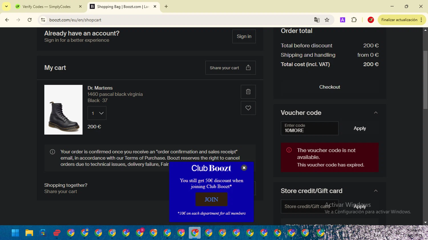 Boozt promo code screenshot showing code 10MORE applied at Boozt checkout page. Uploaded by SimplyCodes community member ShrewdCaptain2457 on Feb 27, 2025