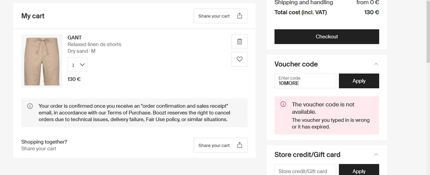 Boozt promo code screenshot showing code 10MORE applied at Boozt checkout page. Uploaded by SimplyCodes community member CRYSTALSUICINE on Jun 29, 2025