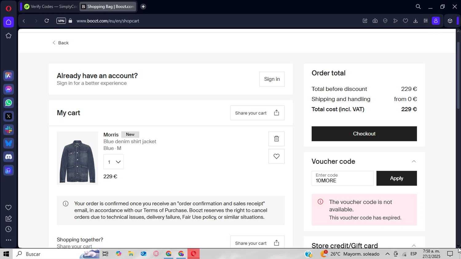 Boozt promo code screenshot showing code 10MORE applied at Boozt checkout page. Uploaded by SimplyCodes community member CrownWizard8571 on Feb 27, 2025
