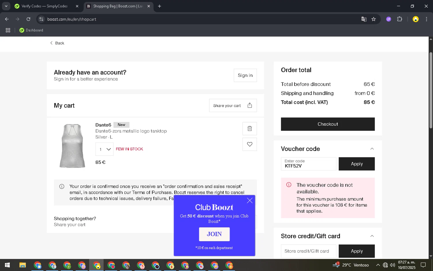 Boozt promo code screenshot showing code KTF52V applied at Boozt checkout page. Uploaded by SimplyCodes community member SavingsElite8466 on Jul 10, 2025
