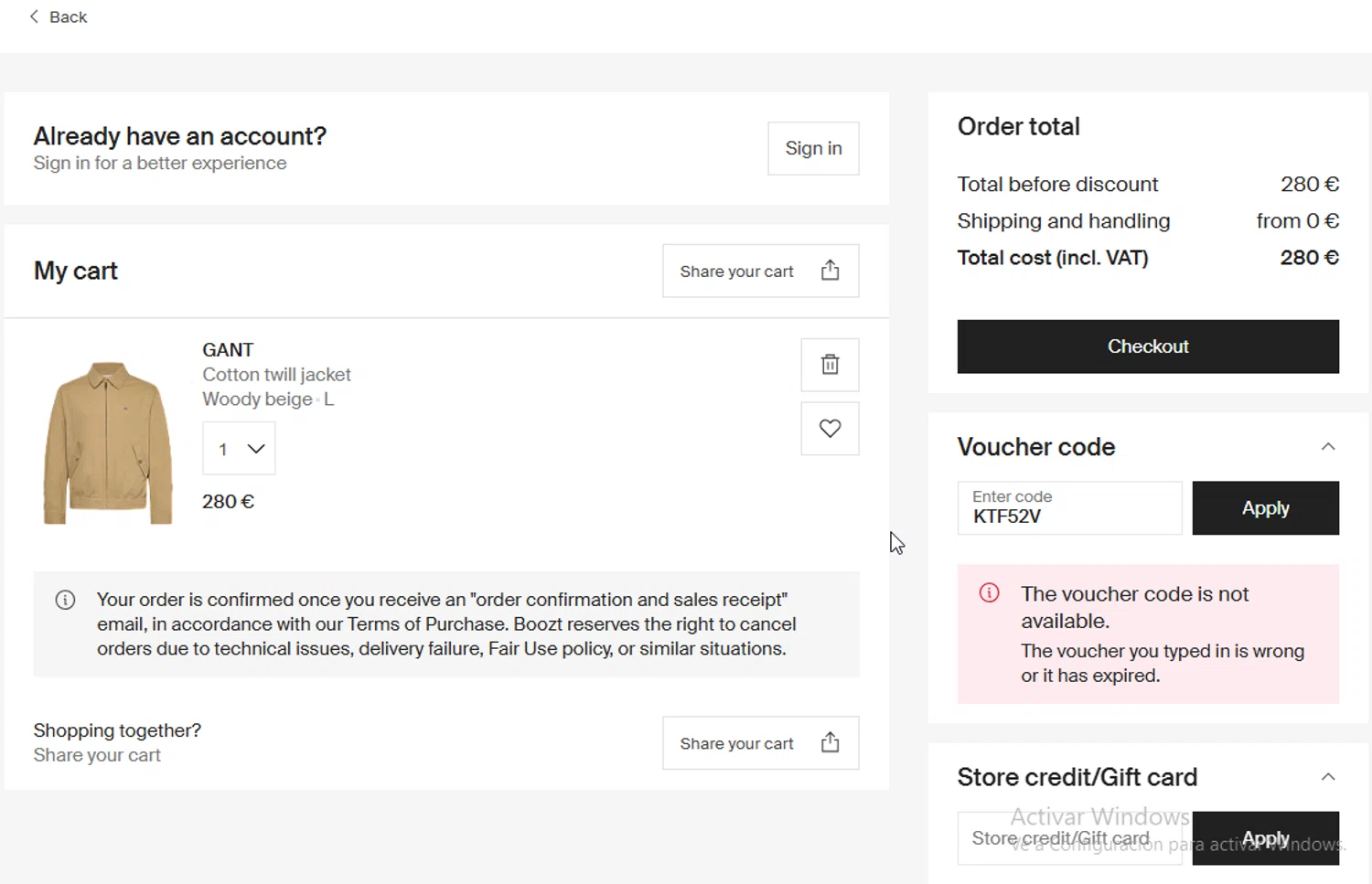 Boozt promo code screenshot showing code KTF52V applied at Boozt checkout page. Uploaded by SimplyCodes community member VictoriousElite9587 on Jul 21, 2025