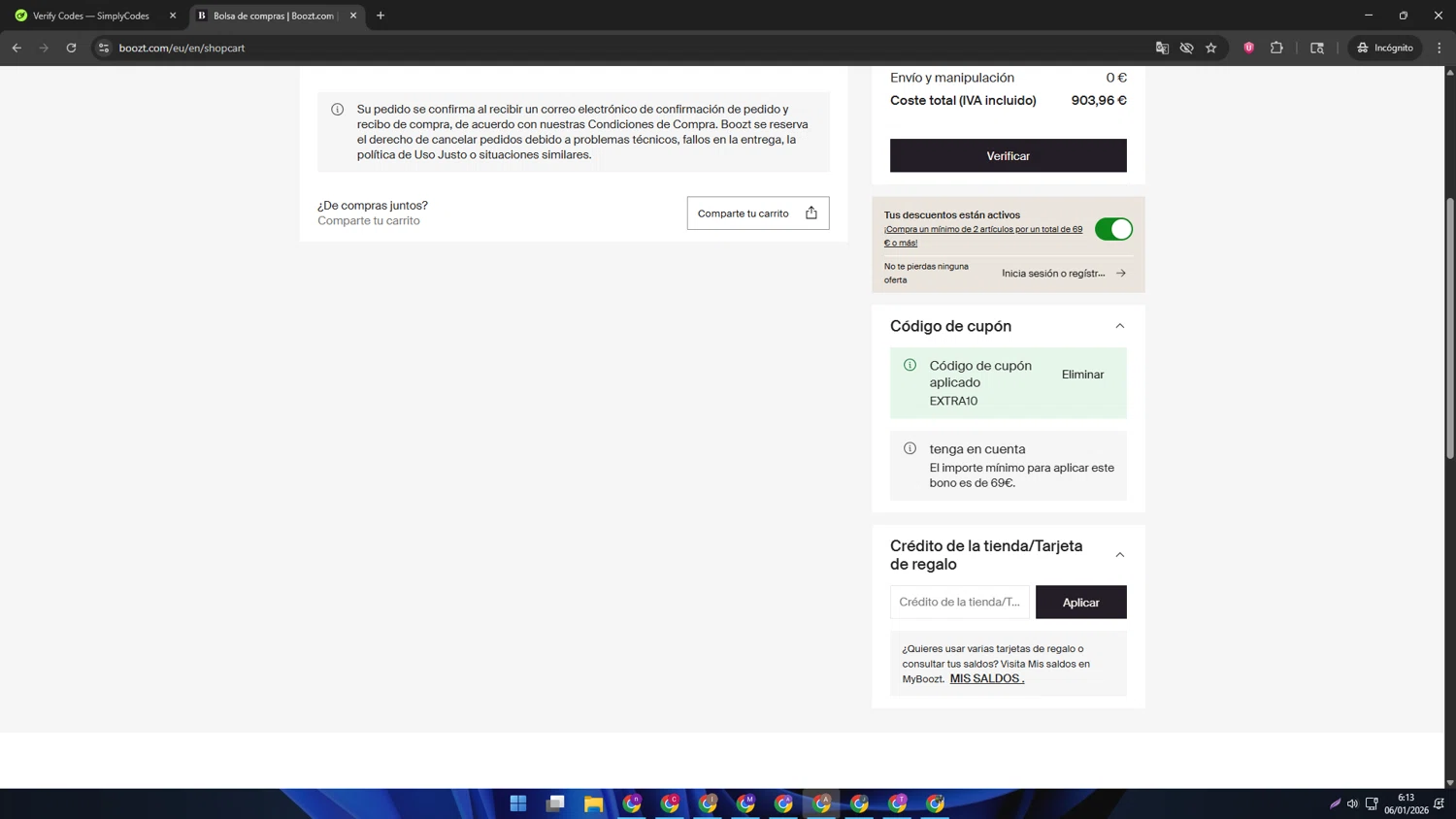 Boozt promo code screenshot showing code EXTRA10 applied at Boozt checkout page. Uploaded by SimplyCodes community member SwiftSage2309 on Jan 6, 2026