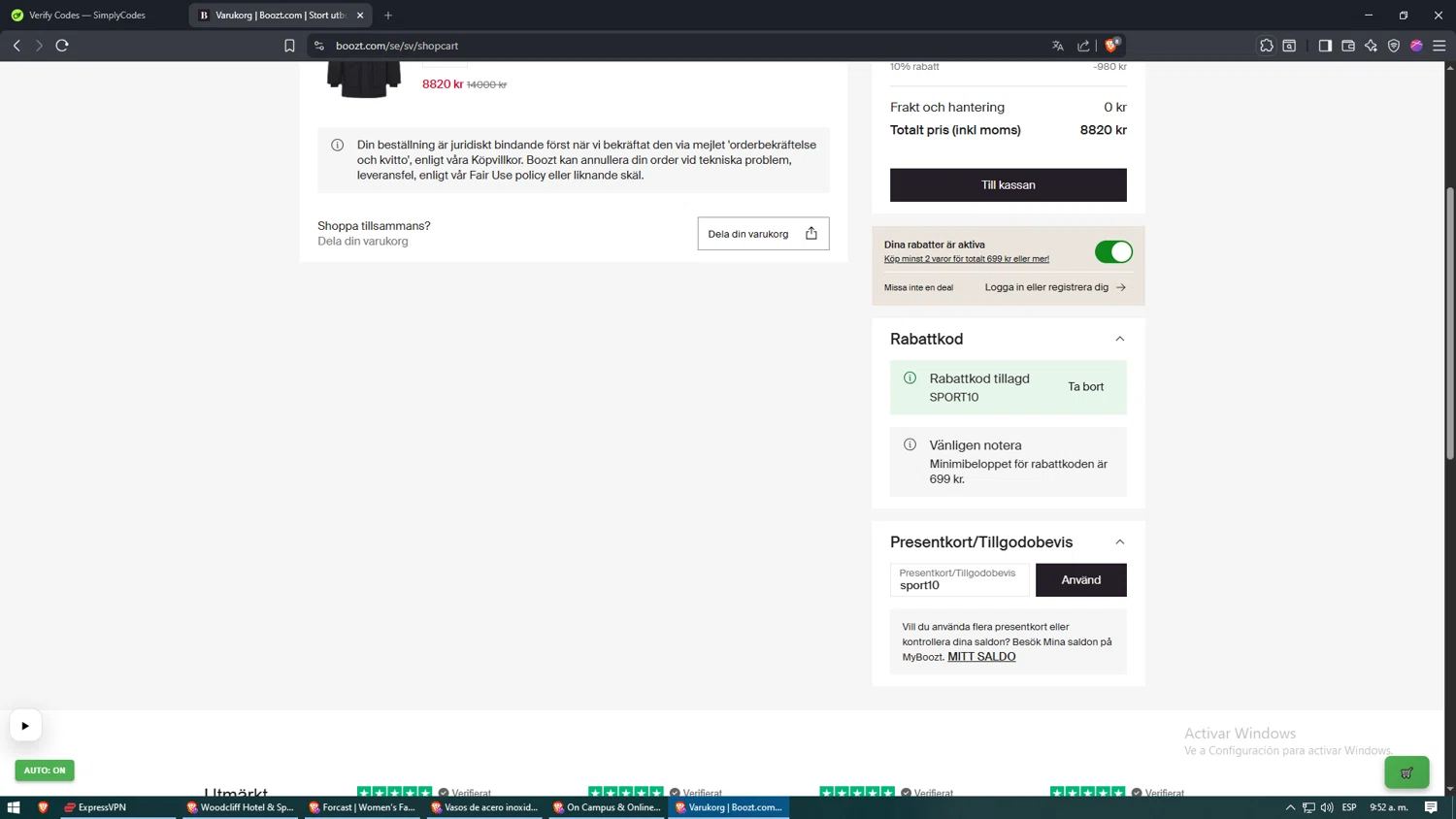 Boozt checkout page showing Boozt promo code box | Screenshot taken by SimplyCodes community member on Jan 31, 2026