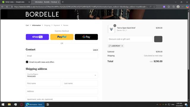 Bordelle checkout page showing Bordelle promo code box | Screenshot taken by SimplyCodes community member on May 22, 2025