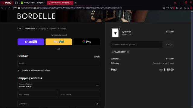 Bordelle checkout page showing Bordelle promo code box | Screenshot taken by SimplyCodes community member on Apr 23, 2025