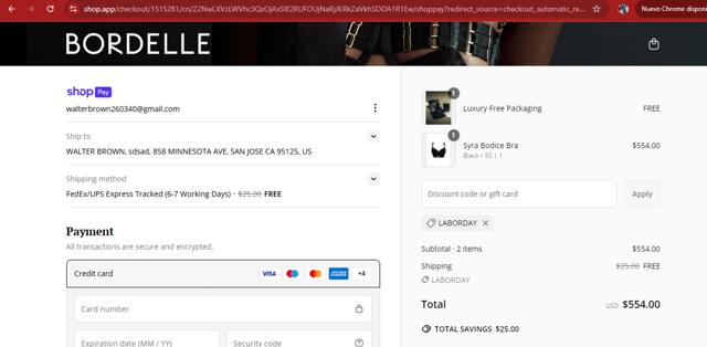 Bordelle checkout page showing Bordelle promo code box | Screenshot taken by SimplyCodes community member on Mar 25, 2025