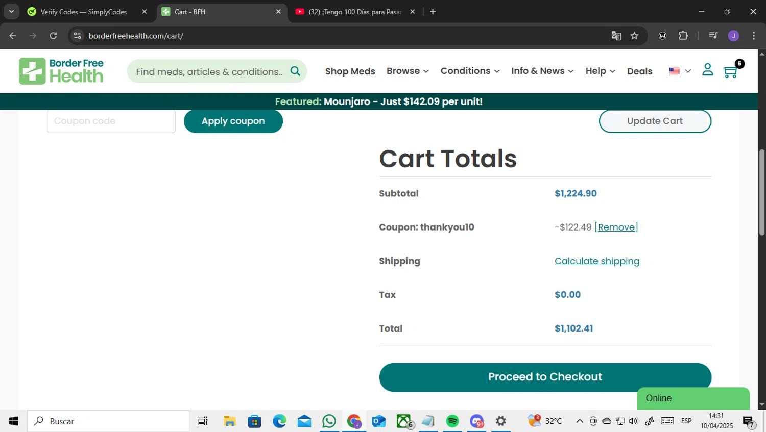 Border Free Health promo code screenshot showing code THANKYOU10 applied at Border Free Health checkout page. Uploaded by SimplyCodes community member ENCARAMESSI on Apr 10, 2025