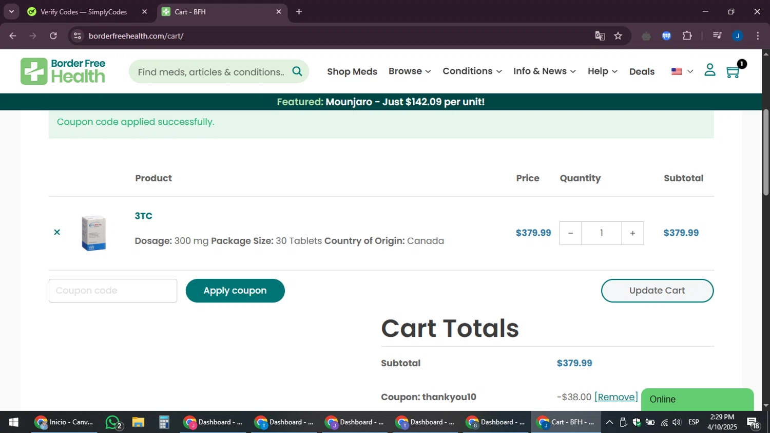Border Free Health promo code screenshot showing code THANKYOU10 applied at Border Free Health checkout page. Uploaded by SimplyCodes community member noesmith34ur on Apr 10, 2025
