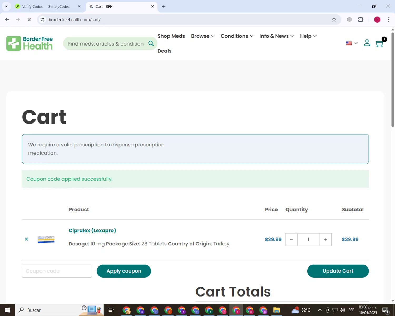 Border Free Health promo code screenshot showing code SHOPBFH10 applied at Border Free Health checkout page. Uploaded by SimplyCodes community member TreasureExpert7530 on Apr 10, 2025