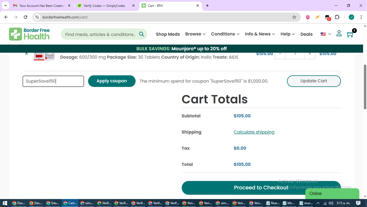 Border Free Health promo code screenshot showing code SuperSave150 applied at Border Free Health checkout page. Uploaded by SimplyCodes community member SavvyCurator1770 on Jun 18, 2025