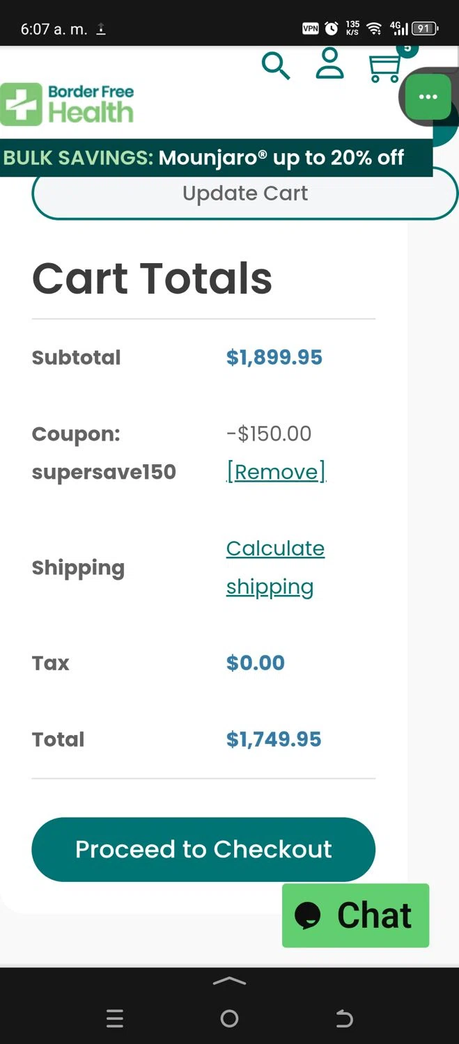 Border Free Health promo code screenshot showing code SuperSave150 applied at Border Free Health checkout page. Uploaded by SimplyCodes community member CashSaver3941 on May 16, 2025