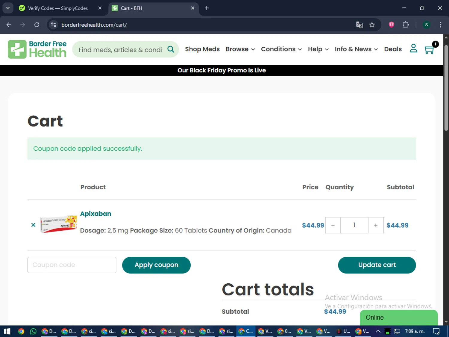 Border Free Health checkout page showing Border Free Health promo code box | Screenshot taken by SimplyCodes community member on Nov 22, 2025