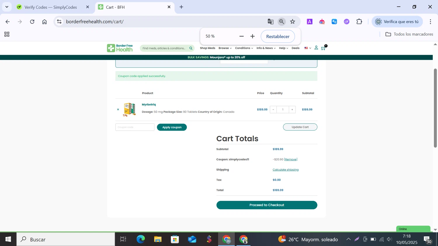 Border Free Health promo code screenshot showing code SIMPLYCODES11 applied at Border Free Health checkout page. Uploaded by SimplyCodes community member MANUELURBINA on May 10, 2025